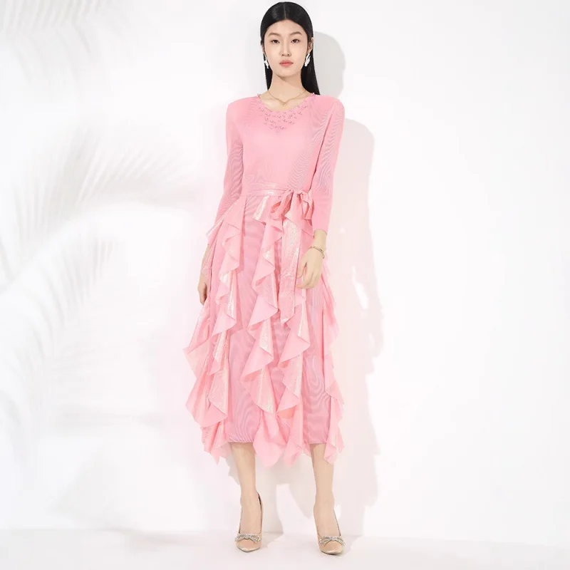 MIYAKE الراقية مزاجه نمط جديد كشكش حافة تصميم الخصر cinching الدانتيل يصل حجم كبير فستان متوسط الطول [ 20252068 ]