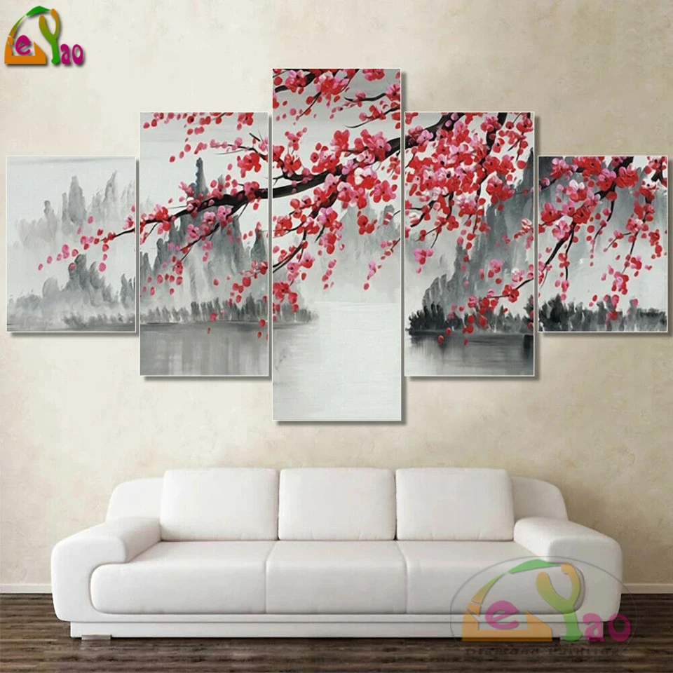 

DIY 5D Diamond Painting 5 Pcs Chinese Painting Scenery Full Diamond Embroidery Plum Bossom Rhinestone Mosaic Kits Wall Art Decor