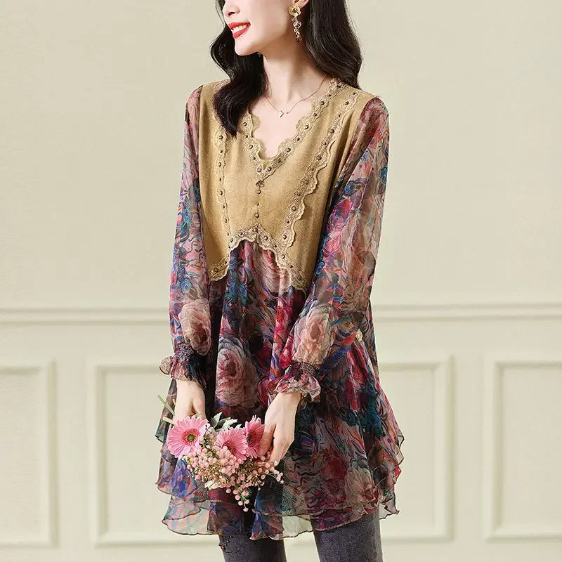 Fashion Elegant Women\'s V-neck Flowers Chiffon T-shirt Spring Vintage Midi Lantern Sleeve Patchwork Broken Rivet Loose Tops