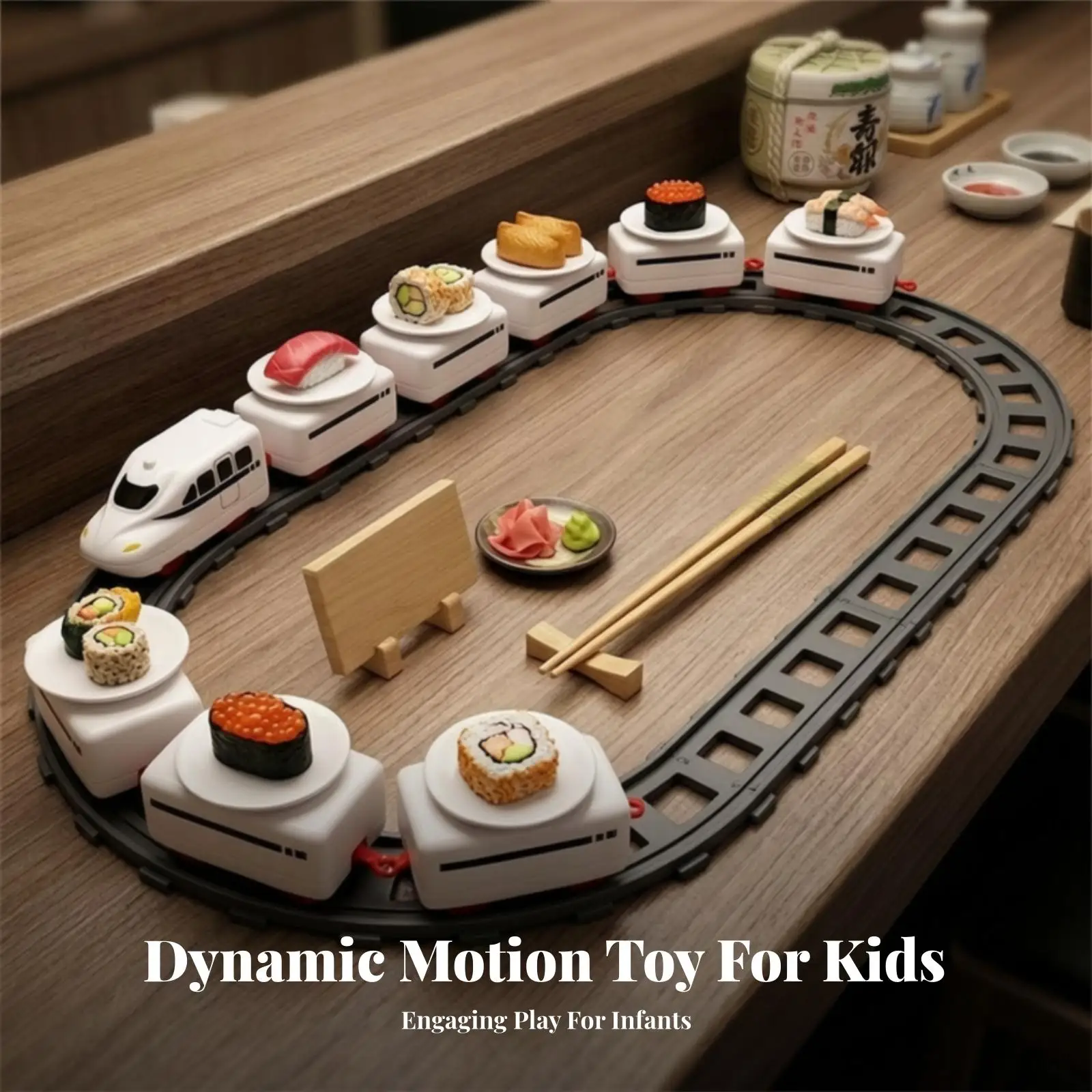 Plastic Sushi Train Toy Set Rotating Conveyor Belt for Kids Interactive Trolley with Locomotive Oval Track and Smooth Moving