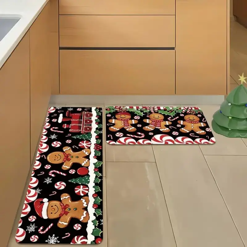 VIKAMA Gingerbread Train Kitchen MatChristmas Print Floor Rug Non Slip For Sink Laundry Room Dining Festive Decor