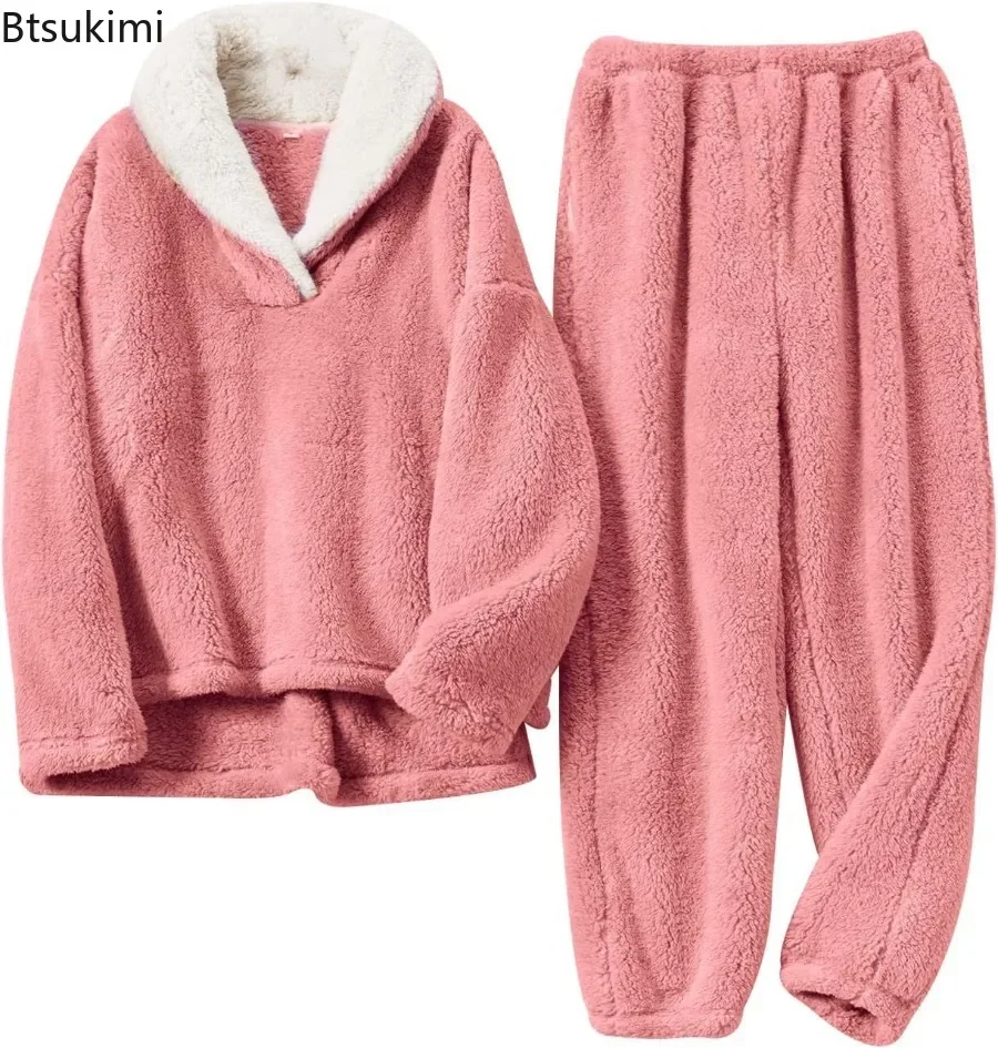 New 2025 Pajamas Sets for Women Soft Comfy Fluffy Sleepwear Long Sleeve Pullovers Pants Loose Plush Warm Home Wear Outfits Femme