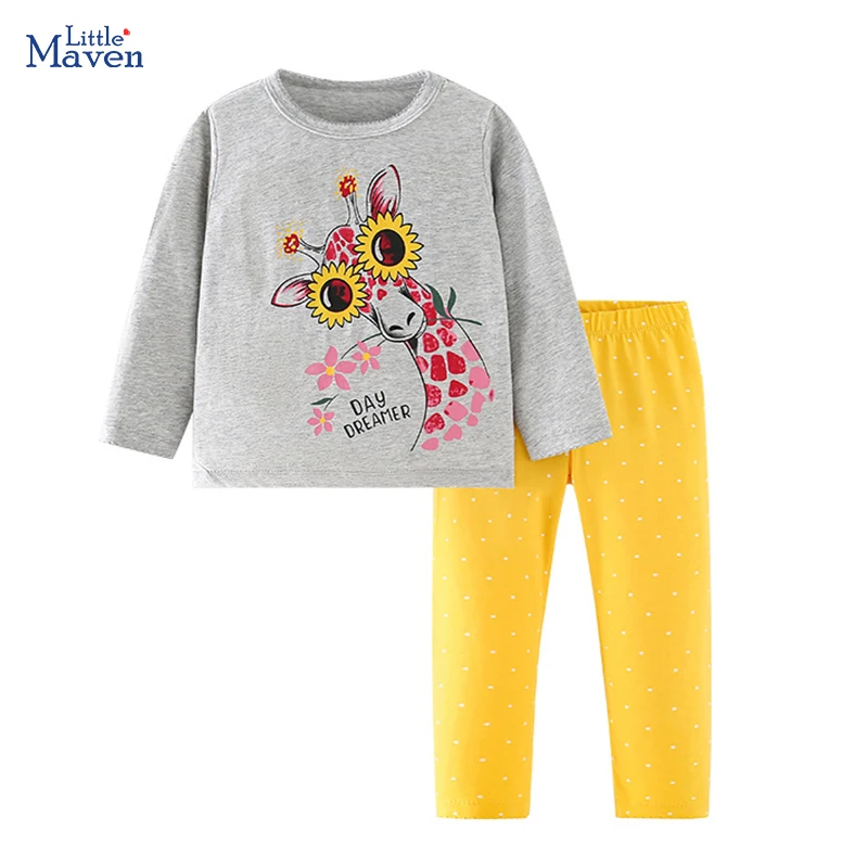 Little maven 2024 Autumn Spring Baby Girls Cartoon Giraffe T shirts Tops+ Legging Sets Kids Clothes Children's Clothing Cotton