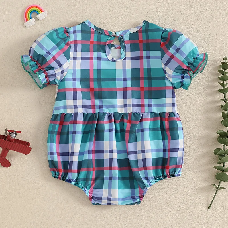 Newborn Baby Boys Girls Romper Crew Neck Short Sleeve Tractor Embroidery Plaid Bodysuit Infant Playsuit 0-18 Months