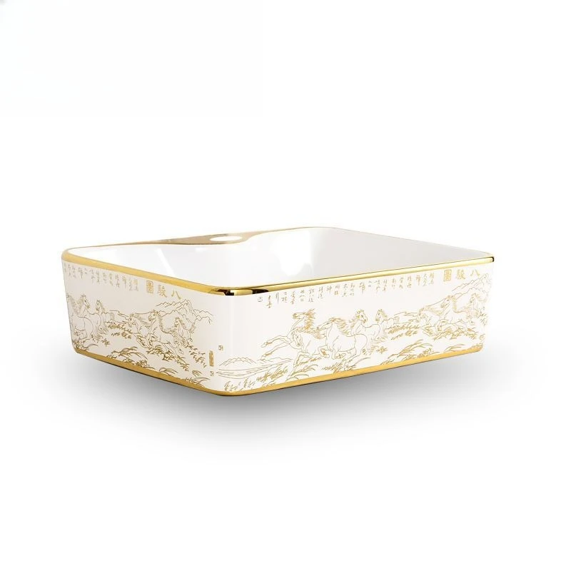 

Китайская сантехника для ванной комнаты, гальваническая цветная золотая сценическая художественная раковина, оптовая продажа прямоугольной керамической раковины