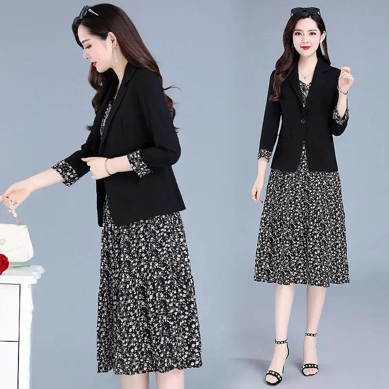 Elegant Women Floral Dress Suit 2023 Spring Autumn Three Quarter Blazer Coat+Sleeveless A-Line Dress Two Peice Sets Plus Size