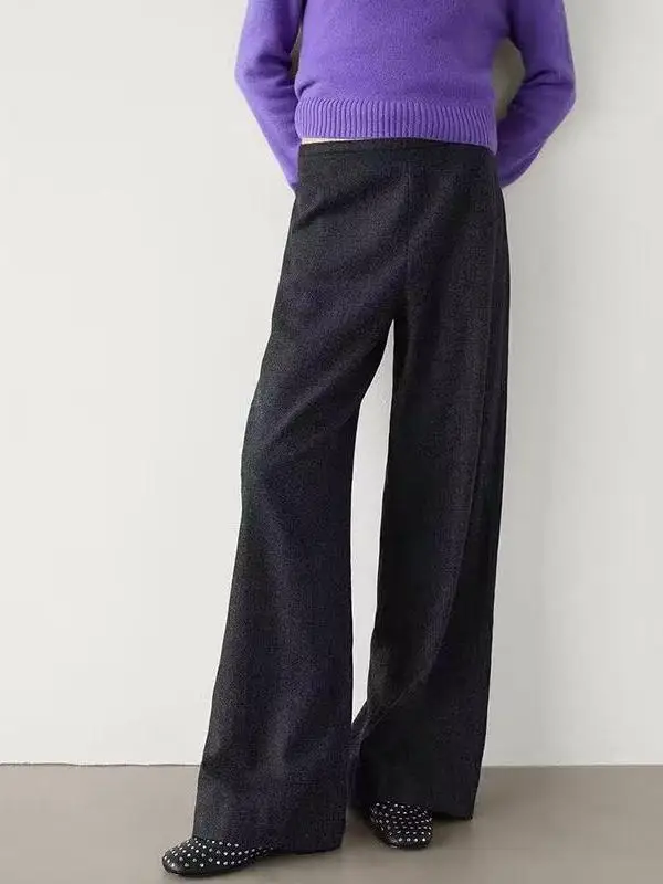 Faionable Autumn Winter ey Wool Blend Loose Women's Pants Smart Commuter Sle Trousers Casual Long Pants for Ladies