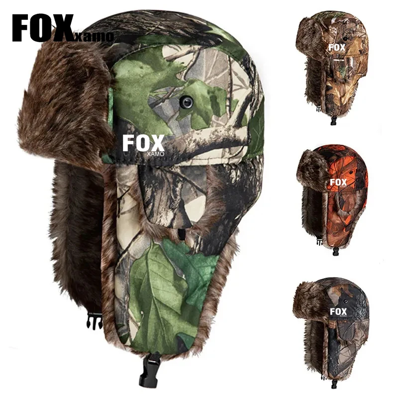 Foxxamo Cycling Unisex Tactical Ushanka Fur Hat Windproof Trapper Russian Earflap Cap Winter Warm Camouflage Hat For Men Gorras