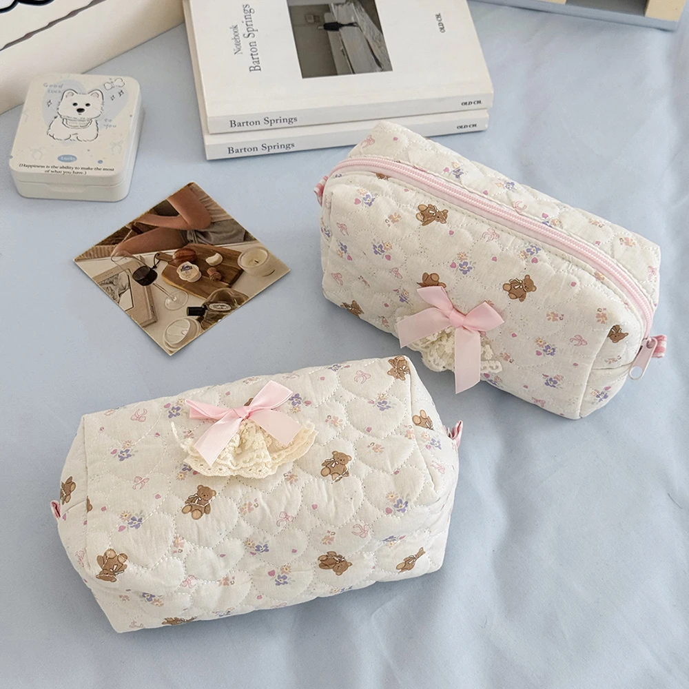 

Cartoon Cute Bow Women Mini Cosmetic Bag Portable Purse Makeup Toiletry Storage Pouch Handbag Bear Square Zipper Small Bag