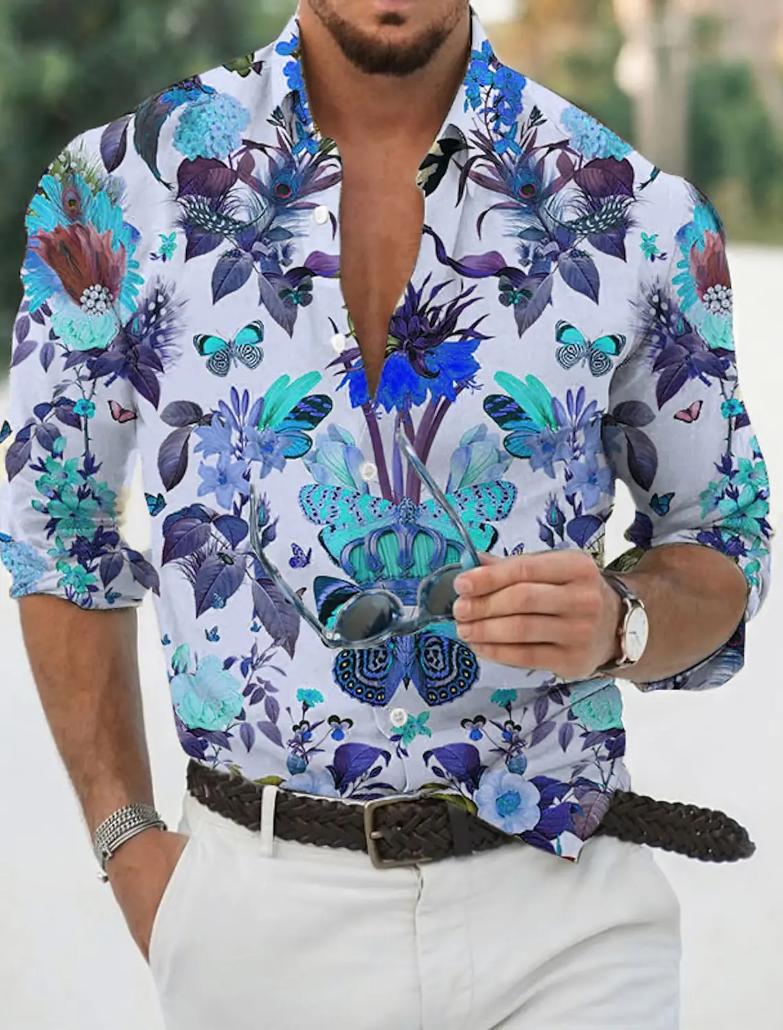 Camisa com estampa de borboleta masculina, Roupa manga longa, Roupa casual, Colarinho clássico estampado, Férias, Dia dos Namorados