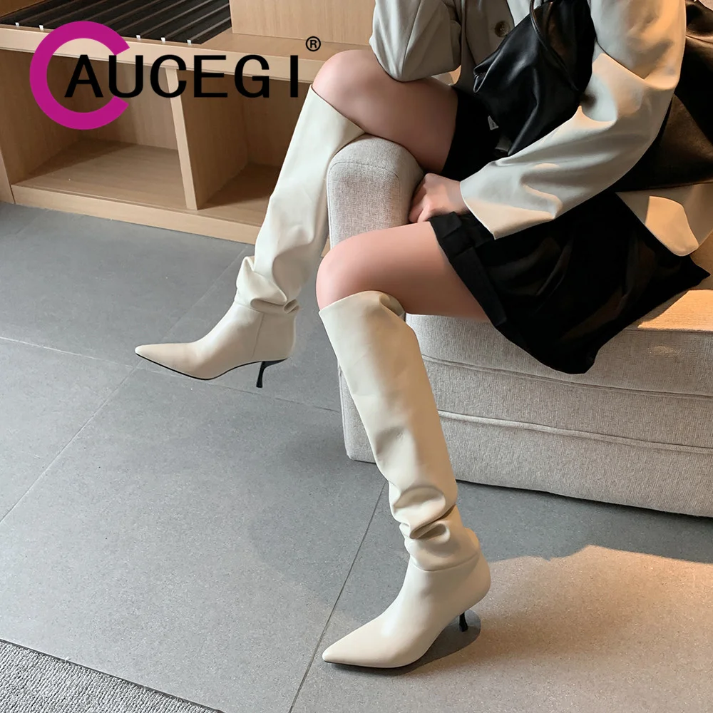 

Aucegi/Новые модные плиссированные женские сапоги до колена из натуральной кожи, осенне-зимние пикантные модельные туфли на тонком каблуке с острым носком, вечерние туфли