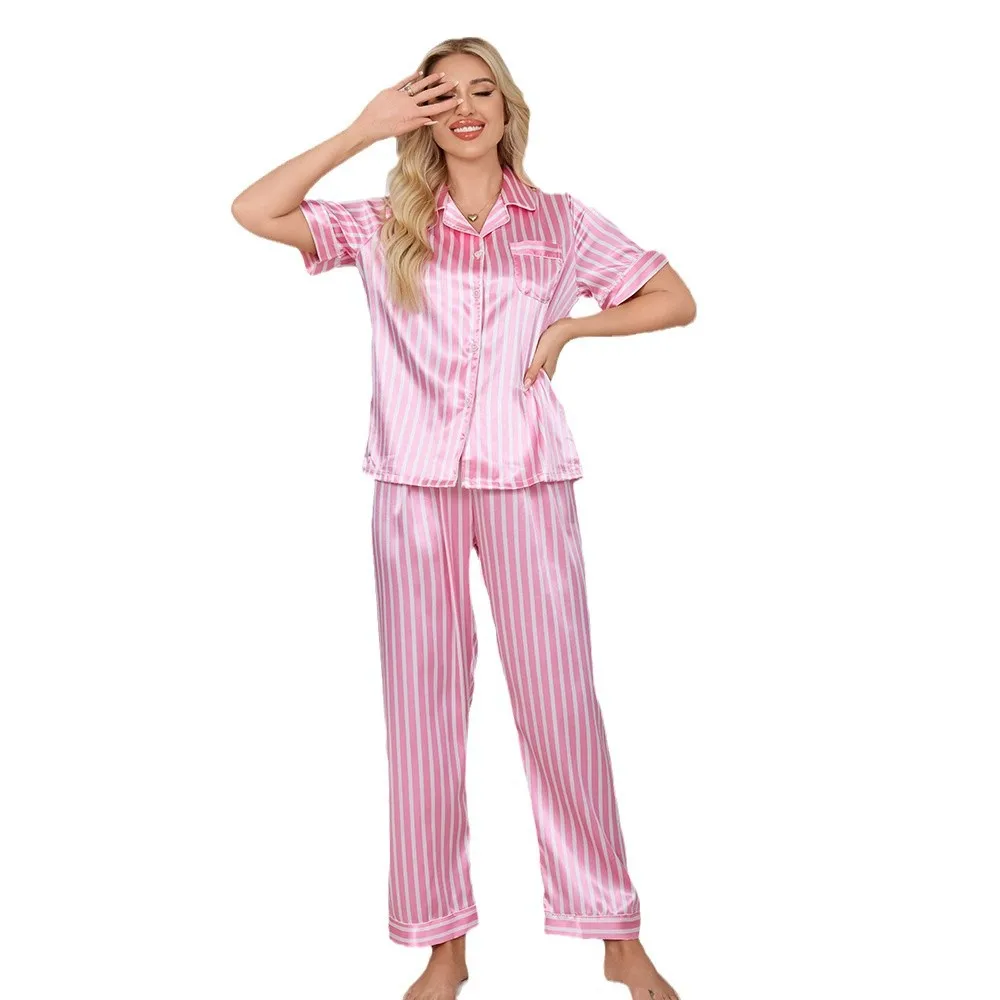 Primavera novedad de verano conjunto de pijamas femeninos raya rosa camisa de manga corta trajes de pantalón ropa de dormir ropa de casa de satén de seda suelta ropa de descanso