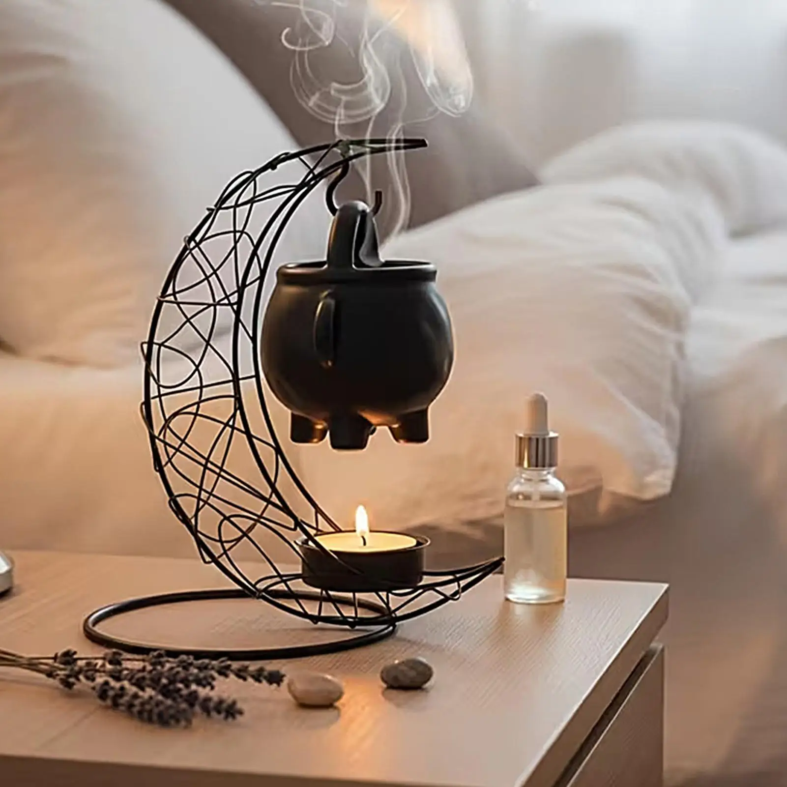 Black Cauldron Wax Melter Iron Moon Stand Ceramic Aroma Diffuser For Wax Tart Candle Warm Tabletop Ornament