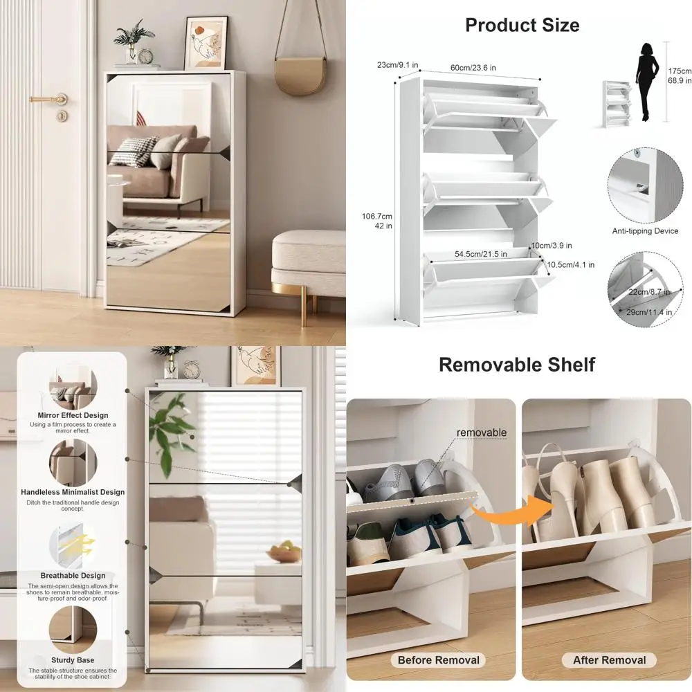 

Freestanding Shoe Storage Cabinet with Mirror and 3 Flip Drawers - Slim Organizer Rack for Anti-Tip Design Solutions