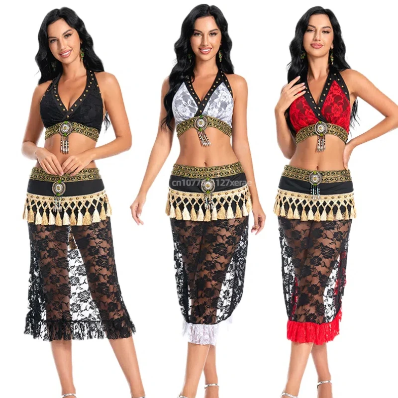 

New Belly Dance Stage Performance Costume Ethnic Style Lace Sexy Western Region Princess Exotic Tribe Stage Performance Set