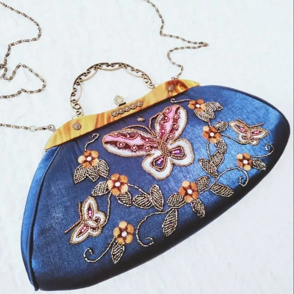 

Lost in Vintage Monsoon Accessorize Clutch Bag Pink Butterfly Butterflies Embroidery Retro Hand Beaded Satin Butterft Purse Art