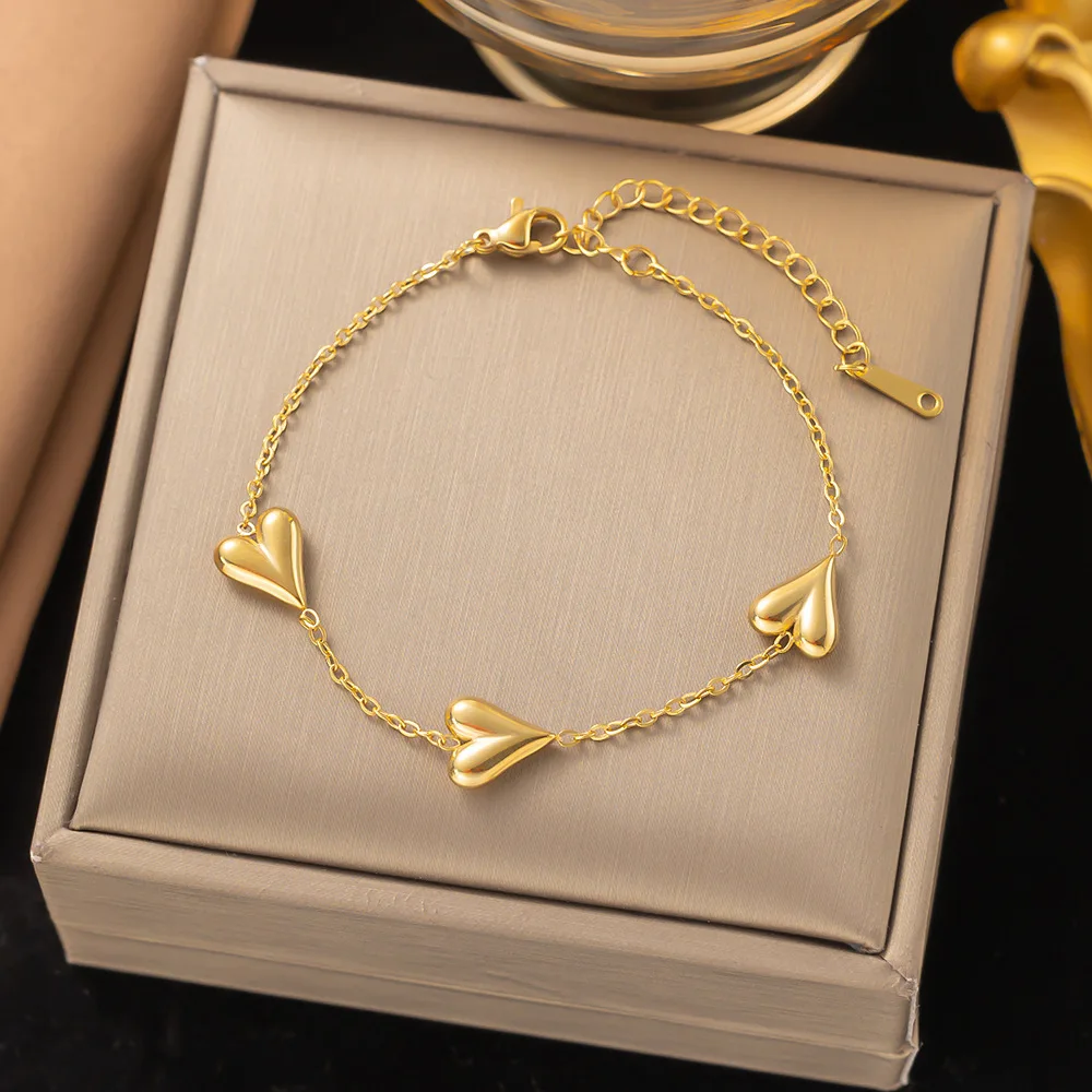 Light Luxury Design 316L Stainless Steel Heart-Shaped Gold Bracelet Necklace For Girls Exquisite Daily Jewelry Accessories