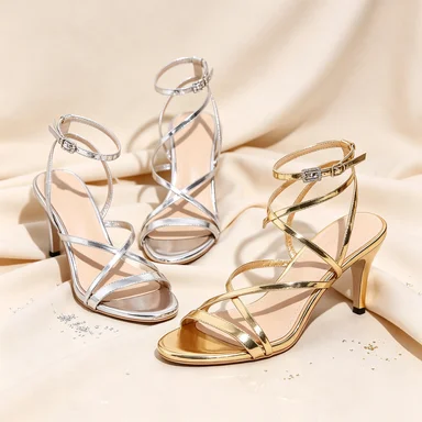 Women Metallic Silver Gold Strappy Kitten Heel Sandals Square Open Toe Ankle Wrap Buckle Sandals Ladies Party Wedding Evening Mi