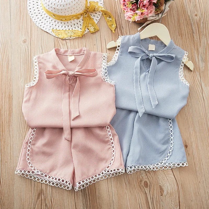 

1-9T Baby Girls Summer Casual Sleeveless Vest T-shirt Tops+Shorts Suits Fine Grid Costume Set