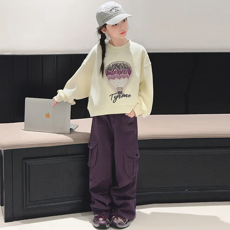 Spring Autumn Kids Girl Clothes Set Children Girl Cartoon Printed O-neck Pullovers+Cargo Pants Trousers Students Clothes Sets