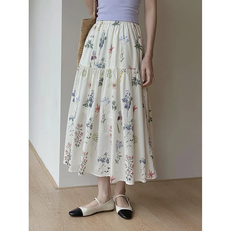 

Винтажная юбка миди с цветочным принтом, абрикосовая, в корейском стиле, весна-лето, эстетичная, А-силуэт, женская плиссированная длинная юбка