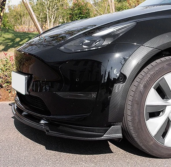 Upgrade Appearance For Tesla Model Y 2019-2024 3Pcs Body Kit Front Spoiler With Lip Bumper Chin Diffuser Carbon Look/Gloss Black