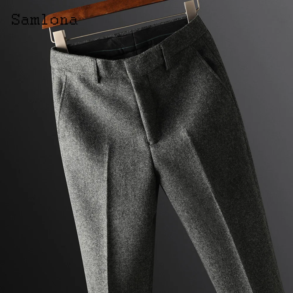 2024 Winter Cashmere Plush Party Suits Pants Men Elegant Ankle-Length Trouser Plus Size Mens Casual Stand Pocket Suit Pants New