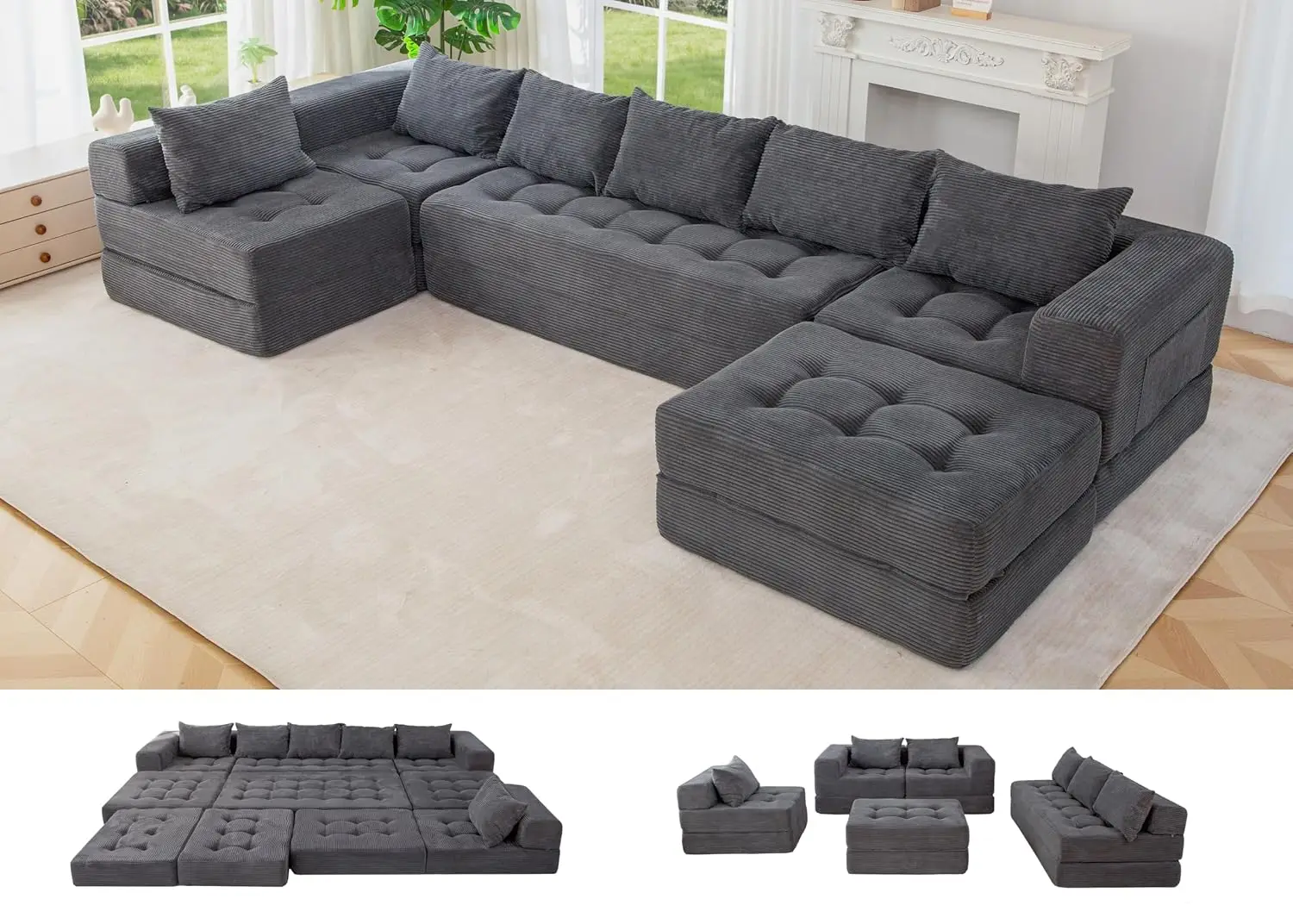 7-Seater U-Shaped Modular Sectional Sofa Couch with Ottoman, Custom