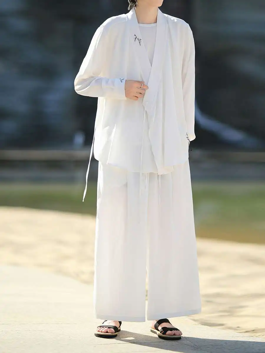

Summer New Men's Hanfu Set Embroidered Outer Robe Sun Protection Monk Suit Layman's Suit Two-Piece Set Long Sleeve Long Pants