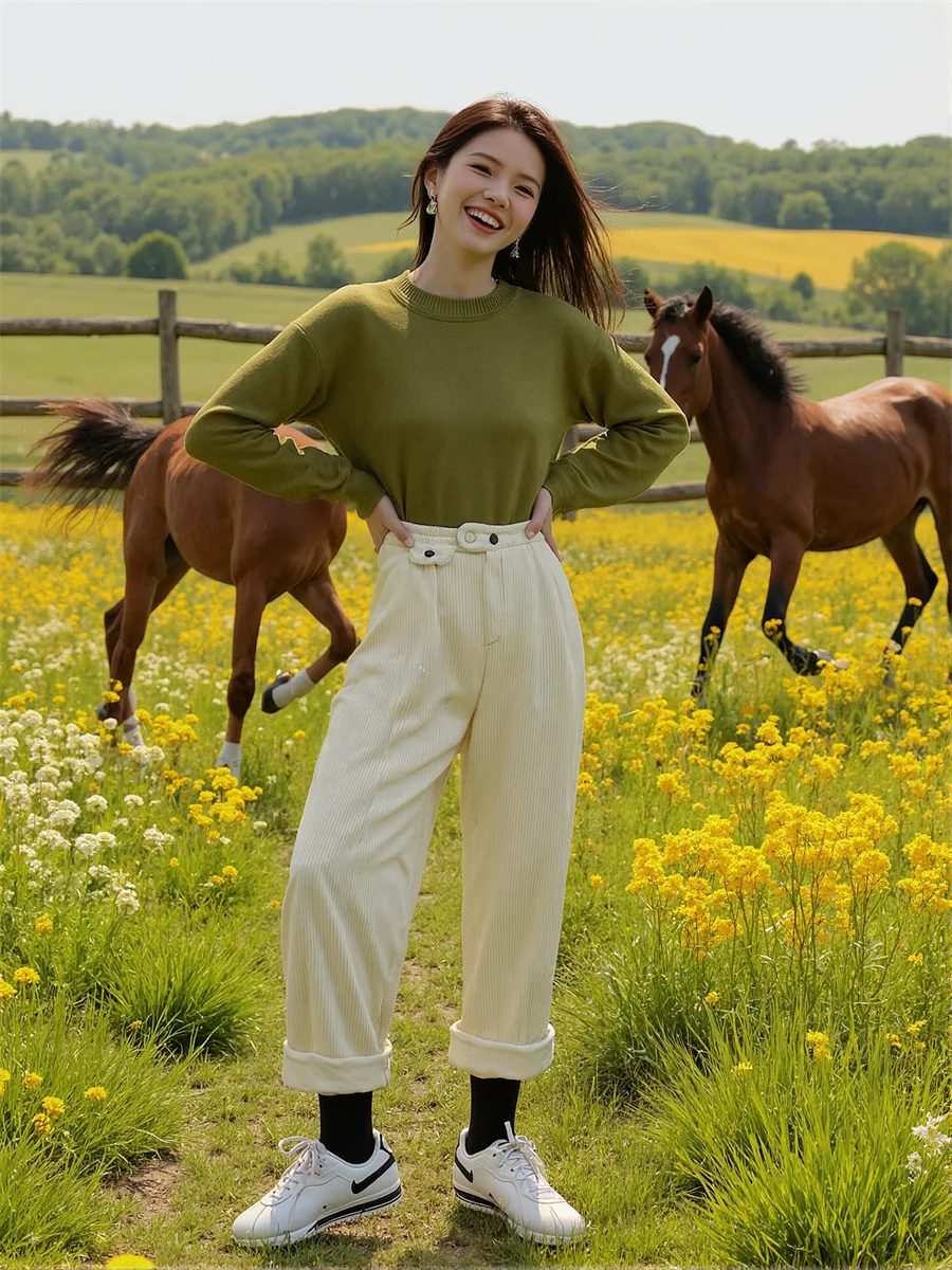 امرأة السراويل مكتب الأبيض الخريف الحد الأدنى نمط سيدة خط نظيف تصميم بسيط الأساسية عادية عالية الارتفاع مستقيم الساق عمل أنيق #3