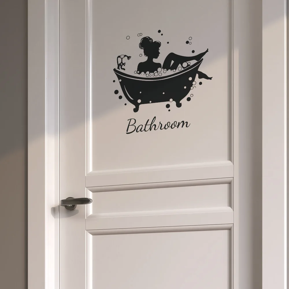 Bathroom Door Decal, Black Woman in Tub Silhouette with Cat Wall Sticker