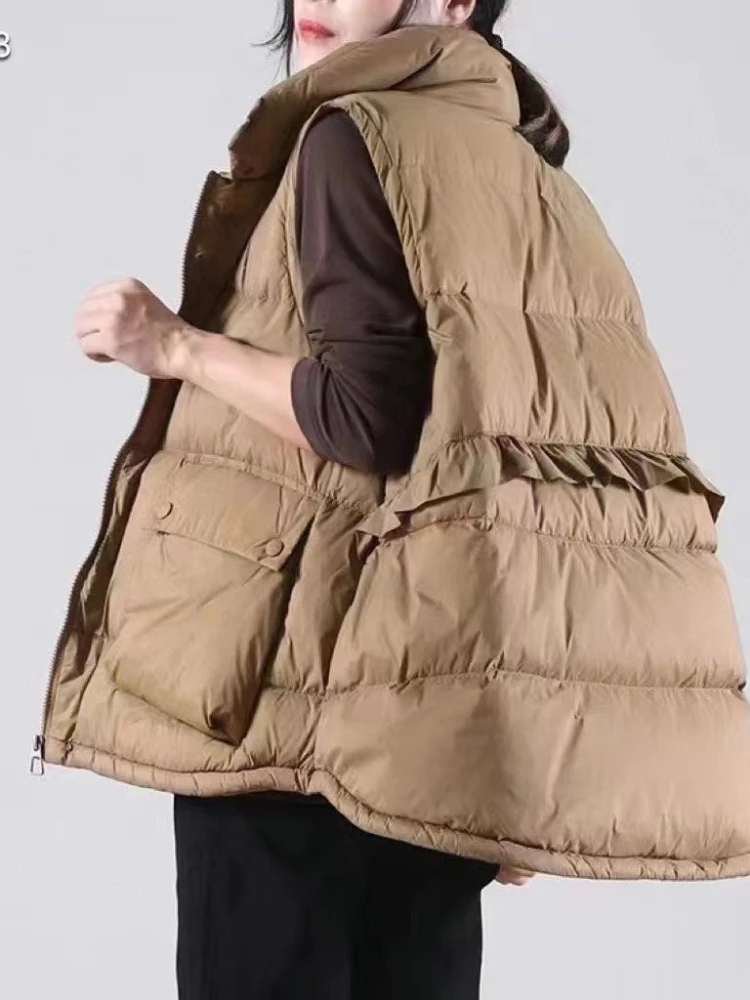 2025 Nuovo Piumino Autunno Inverno Vintage Colletto Casual Cappotto Allentato Top Donna Increspato Cuciture 90% Anatra Bianca Piumino Carro Armato