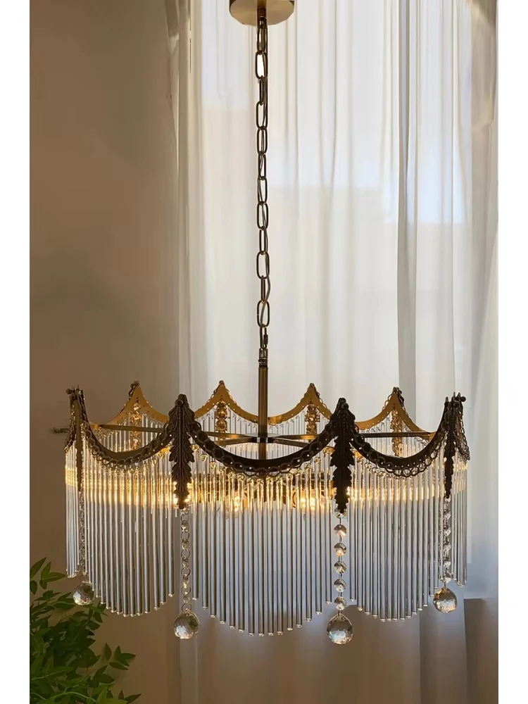 

French style light luxury retro round crystal glass strip living room pendant light dining room bedroom study crown light