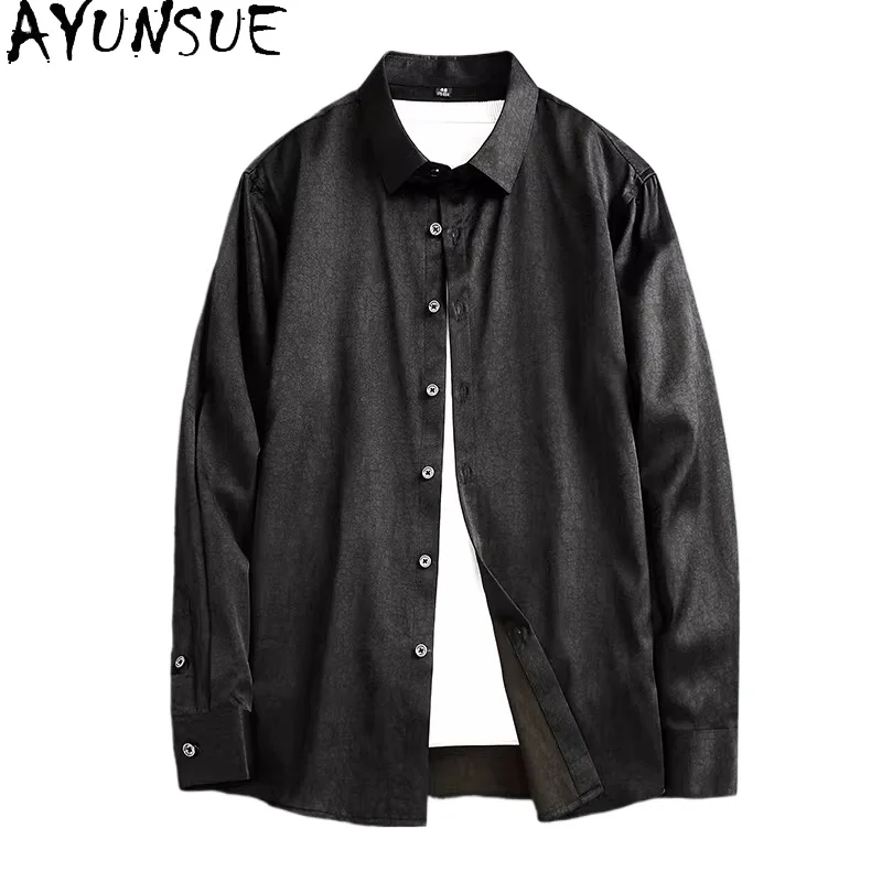 

AYUNSUE 90.8% Natural Mulberry Silk Shirts for Men Spring Summer 2026 High-end Long Sleeve Shirts Man Watered Gauze Tops Black