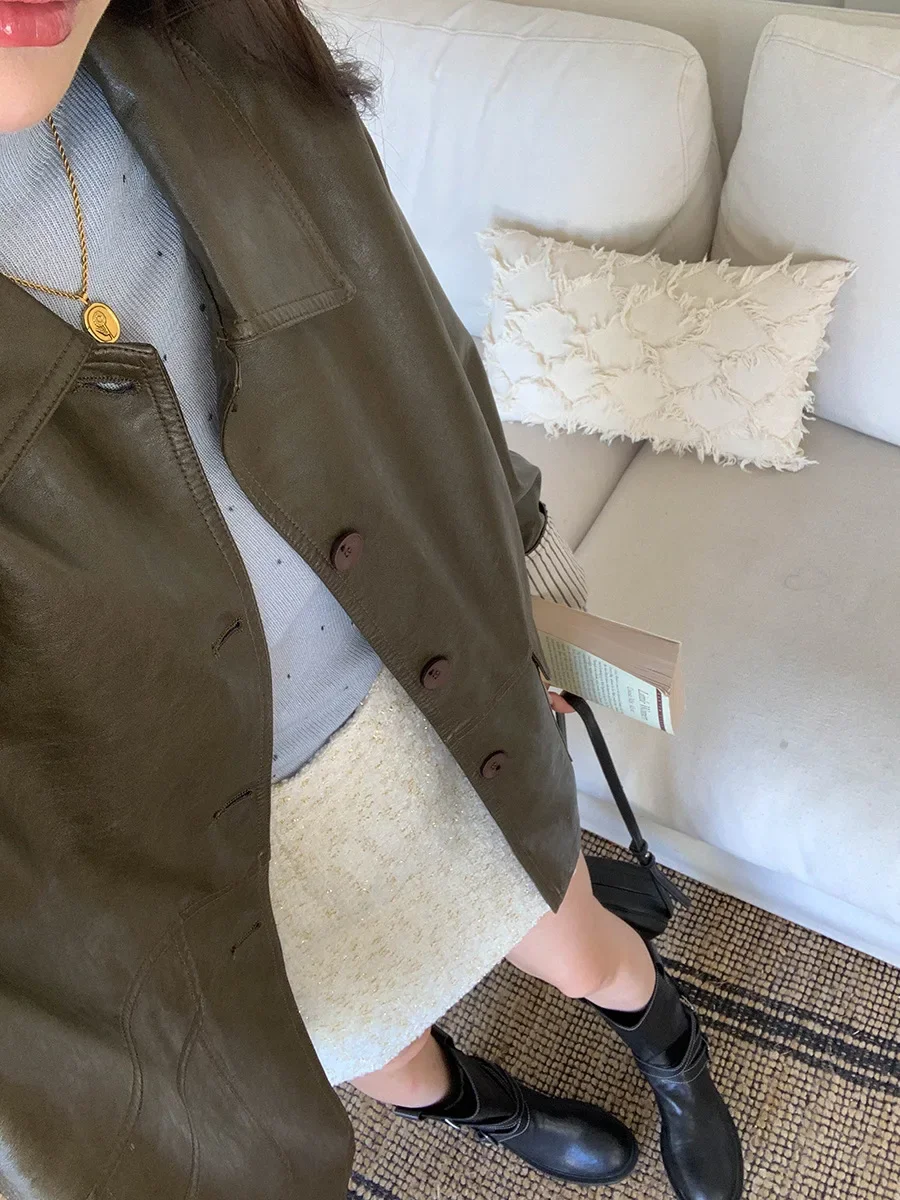 여성용 캐주얼 패치워크 스트라이프 긴팔 PU 가죽 재킷 가을 2025 신상품