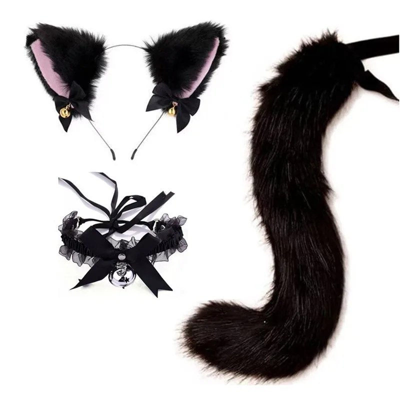 Handgefertigte Katzenohren-Glocken-Stirnband- und Schwanz-Accessoire-Sets, schwarz, pelzig, für Halloween, Cosplay, Party, Tanz, Performance, Bekleidung, Kostüm-Requisiten – Detail 10