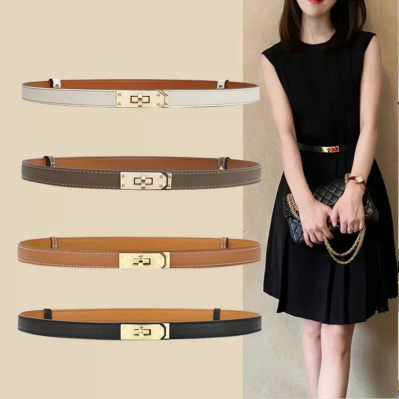 

Women Skinny Waist Belt with AlloyTurn Lock Buckle Adjustable Leather Thin Belt for Dress Jeans Coat