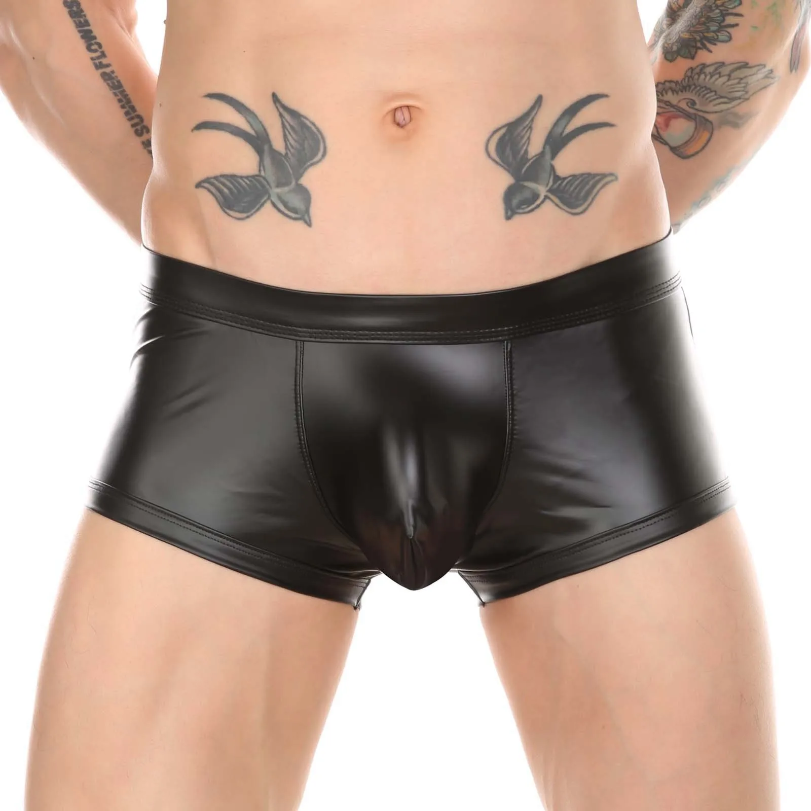 

Men'S Faux Leather Boxers Underwear Sexy Bulge Pouch Bare Buttocks Boxershorts Solid Color Skinny Underpant Sissy Panties Hombre