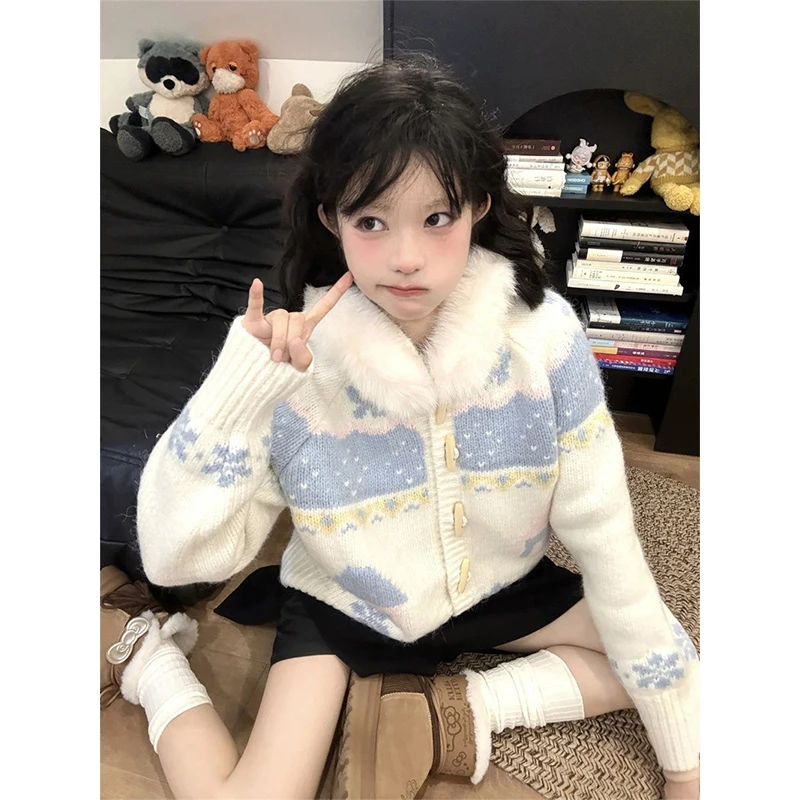 

Kawaii вязаный кардиган с капюшоном, женский японский милый свитер с принтом, верхняя одежда, трикотаж с длинными рукавами в стиле Харадзюку, зимние повседневные джемперы