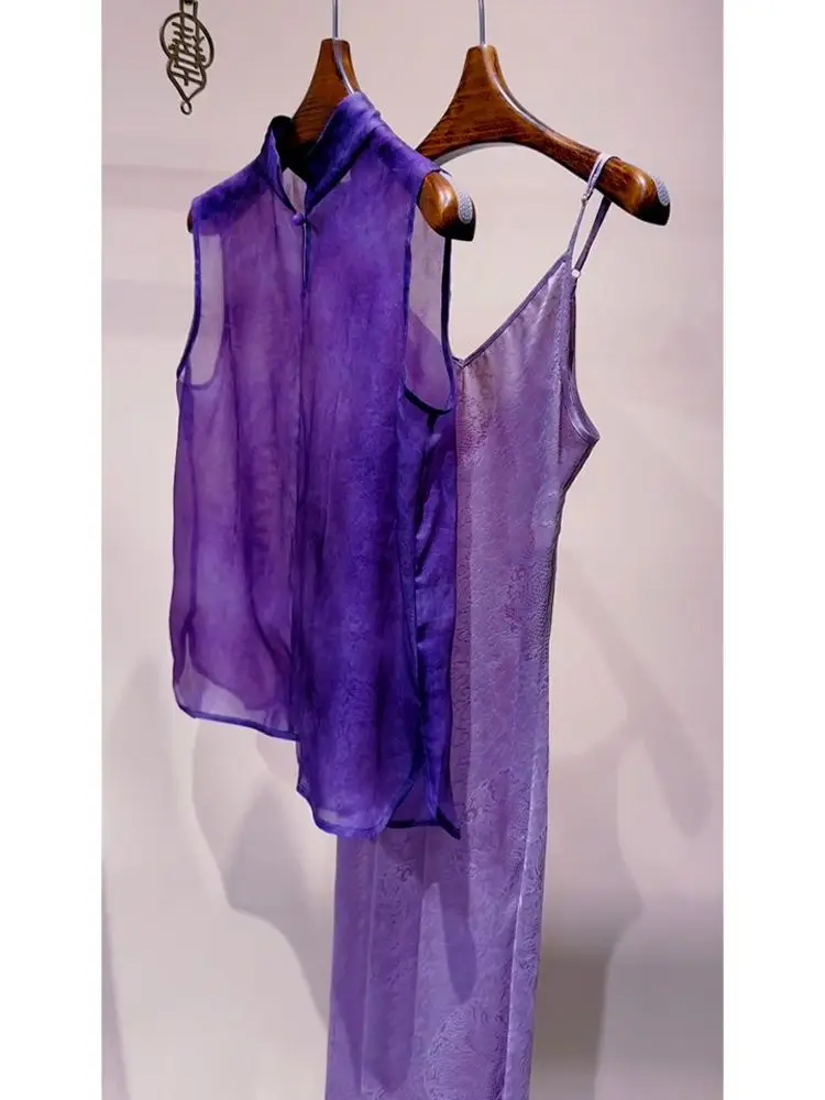 

New Luxury Chinese See Through Summer 2 Piece Set Women Fashion Purple Sleeveless Blouse Top + Sling Dress Party Women's Suit
