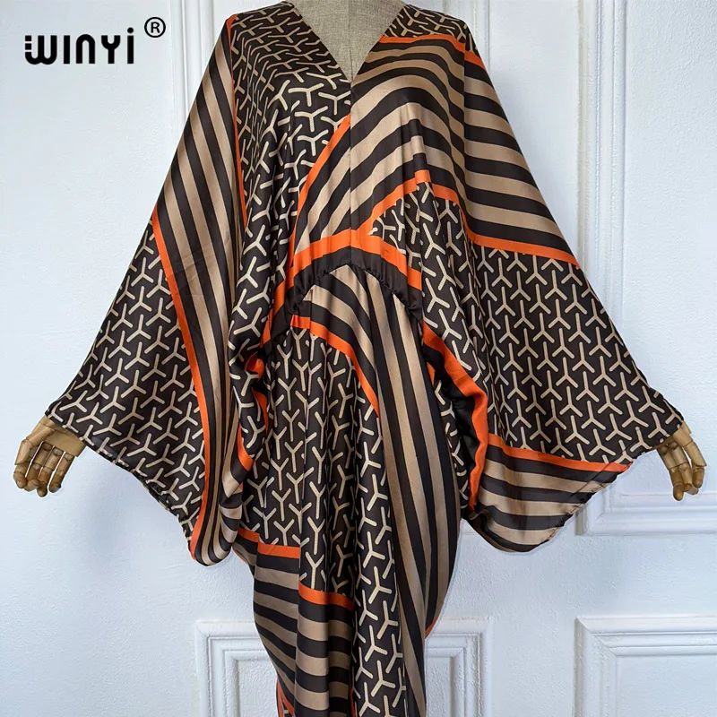 WINYI V-neck Africa elegant dress fashion print women Loose Holiday Beach cover up Party Kaftan abaya dubai luxury