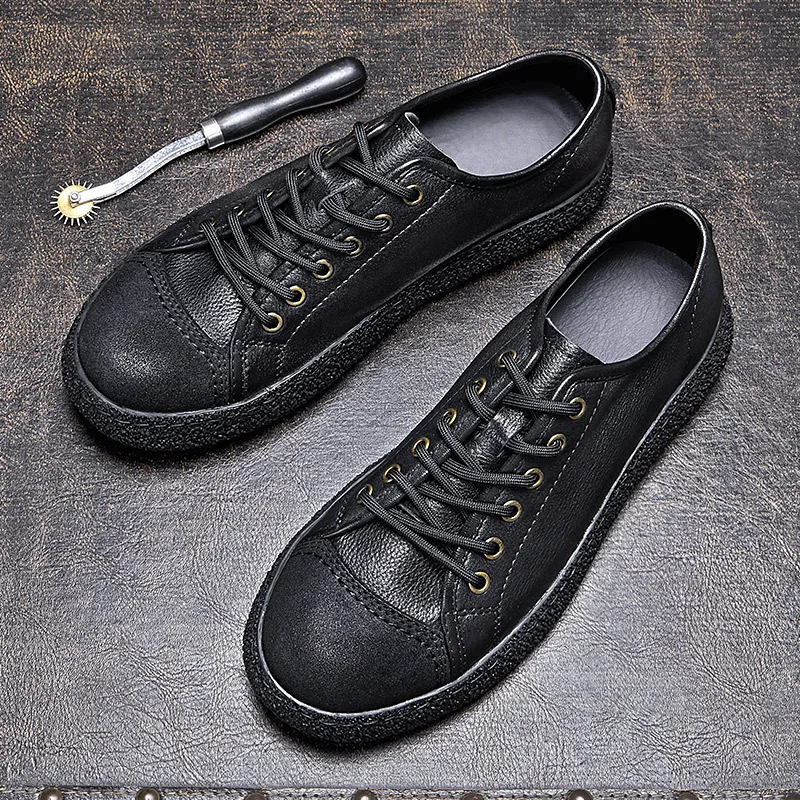 New Design Leisure Man Must Get! Men\'s Simple Lace Up Flat Sneakers Young Boy College Student Concise Summer Leather Shoes