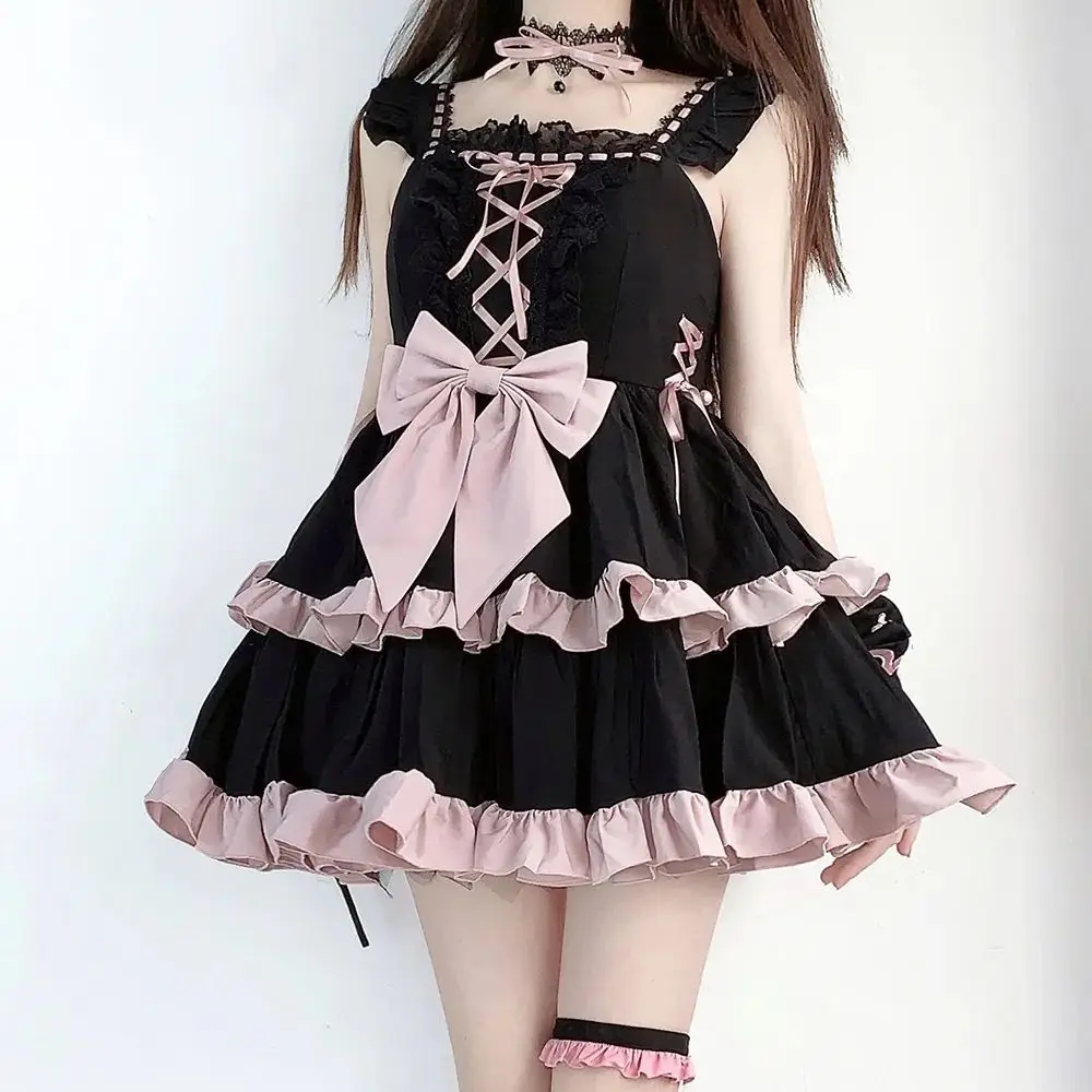 Bow Sweet Girl Dresses Japanese Kawaii Lolita Women Clothing Cute Bandage Sling Dress High waist Slim Dress Harajuku Mini Dress