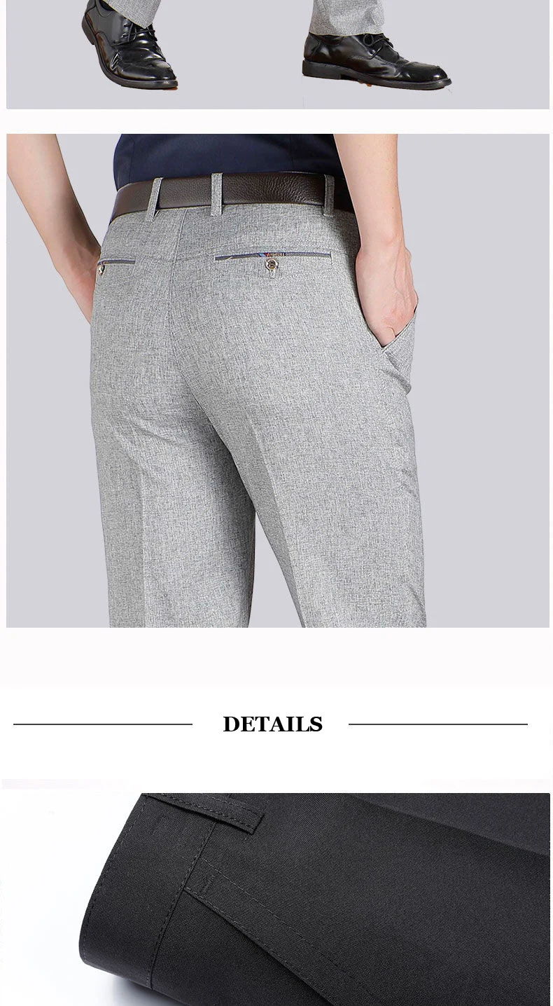 Herren Business-Anzughose, Casual, Mittellange, Weiche, Gepflegte Marken-Arbeitshose, Gerade Passform, Schwarz/Grau, Große Größen 28-40 – Detail 17