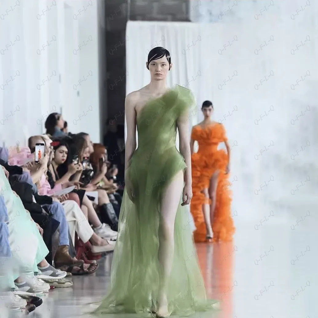 Forest Green Art Photoshoot Dress Organza Side Slit One Shoulder Custom Made Party Evening Dress Layered Long See Thru Prom Gown