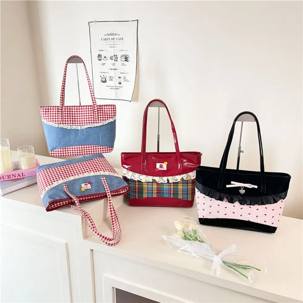 

Retro Lattice Lace Bow Shoulder Bag Rural Style Lovely Denim Plaid Handbag Leisure Vintage Commuting Tote Bag Gifts