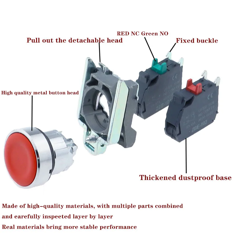 New XB4 Metal Thickened Button Switch Instantaneous Self Reset Emergency Stop Plane 22mm Rotary Switch XB4-BA42 BA31 BA55 XB2