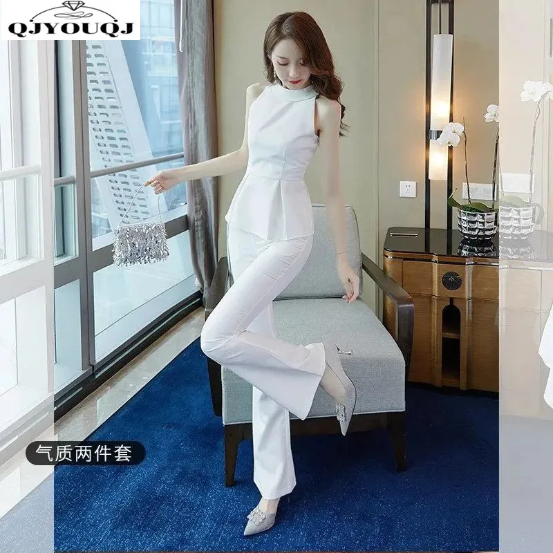 2024 Spring/Summer New Korean Commuter Style Slim Sleeveless Top with High Waist Flare Wide Leg Pants Set for Women