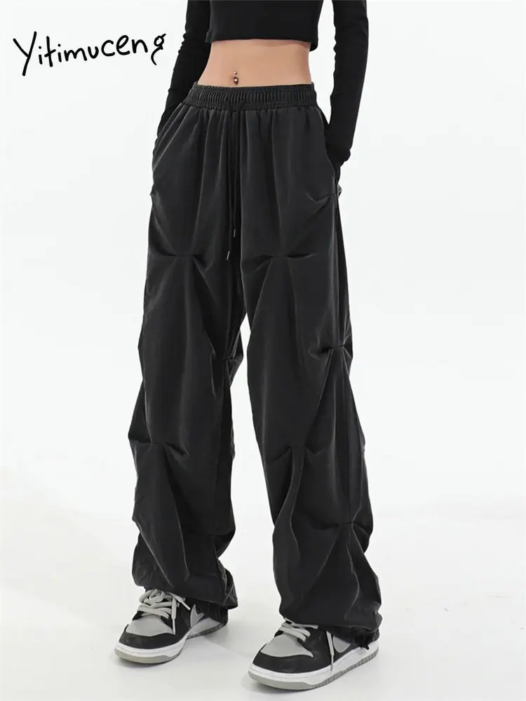 

BabYoung Cargo 2023 New Fashion BabYoung Loose Folds Sweatpants Women Casual Drawstring Straight Y2k Wide Leg Pants