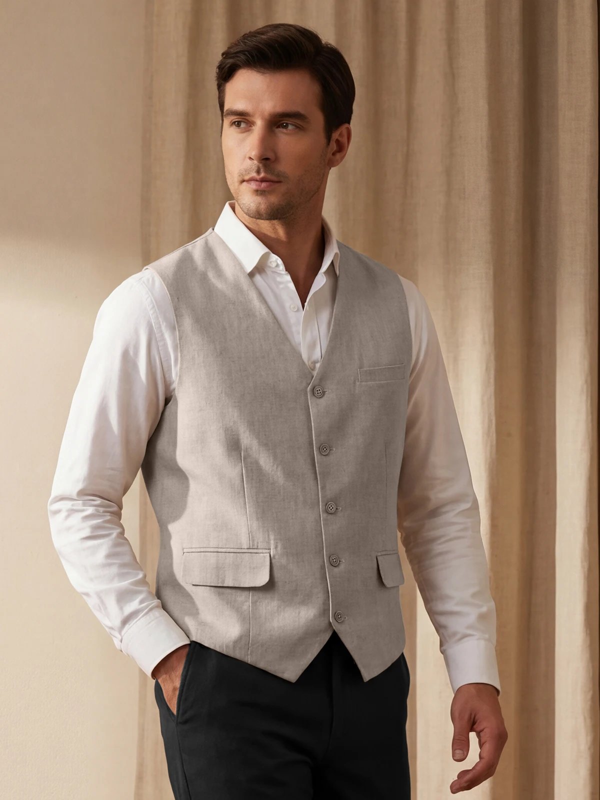 

2026 Men's Vest Formal V Neck Business Linen Waistcoat Casual Waistcoat Formal Groomman For Wedding Green/Black/Brown